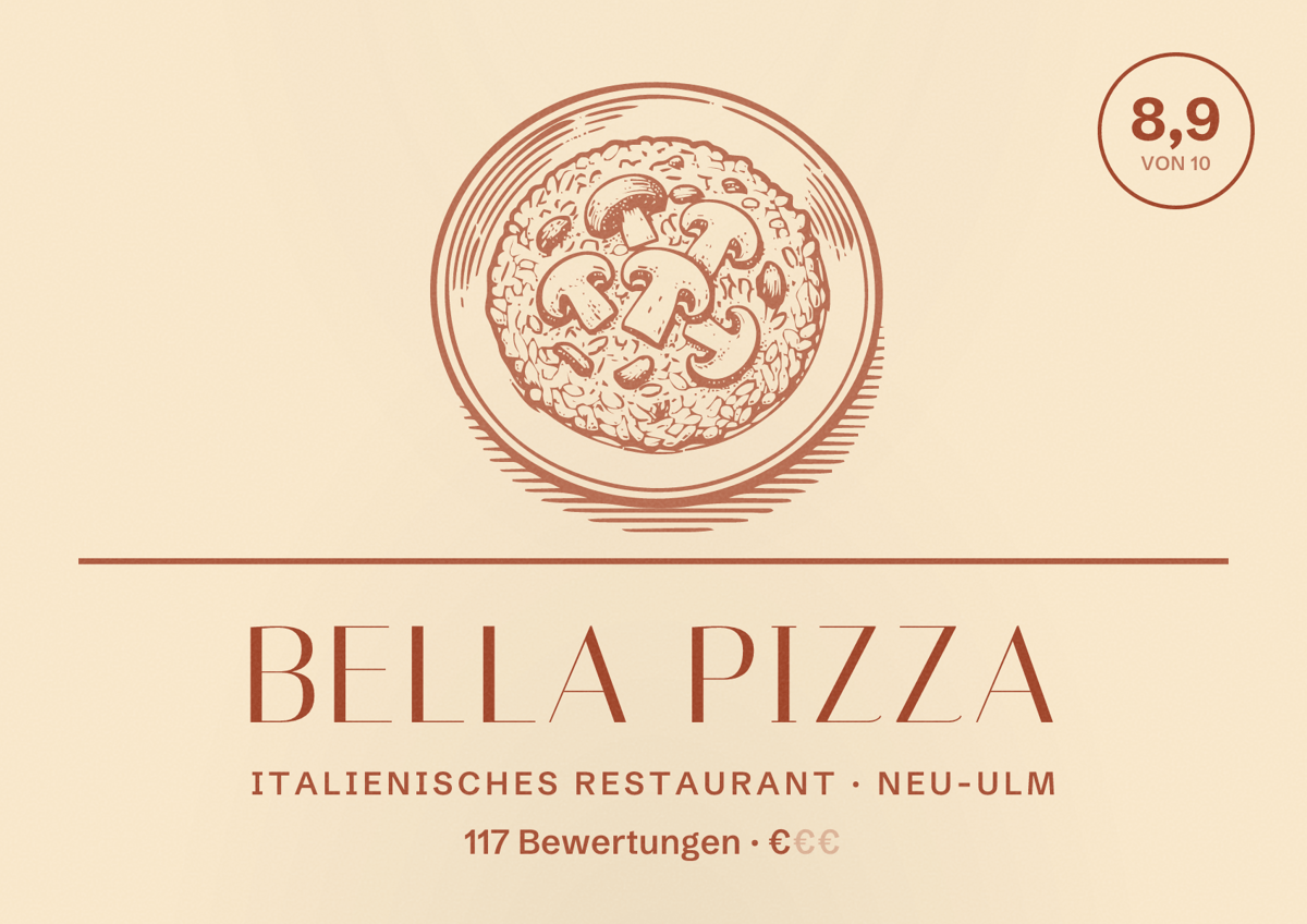 Illustriertes Poster von Bella Pizza, Italienisches Restaurant in Neu-Ulm: Bewertung 8,9 von 10 aus 117 Bewertungen, Preisniveau €