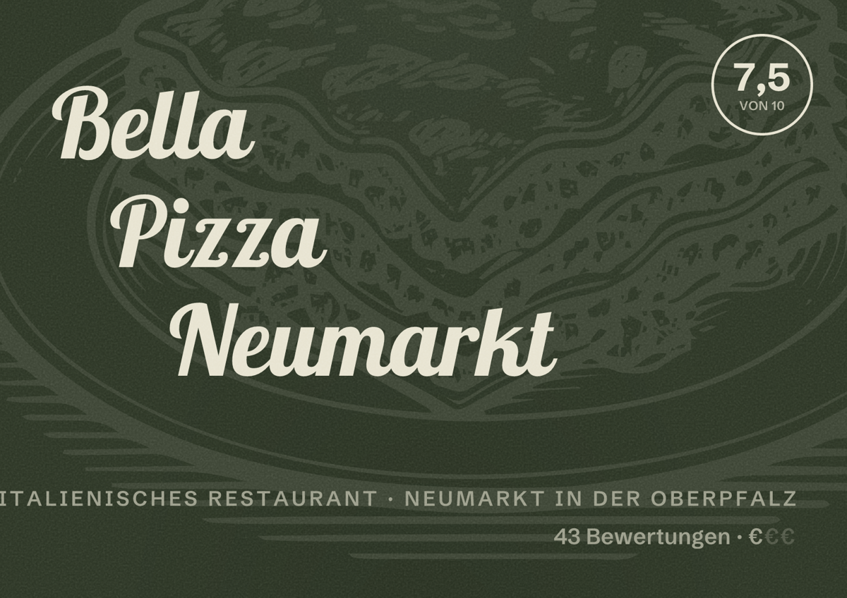 Illustriertes Poster von Bella Pizza Neumarkt, Italienisches Restaurant in Neumarkt in der Oberpfalz: Bewertung 7,5 von 10 aus 43 Bewertungen, Preisniveau €