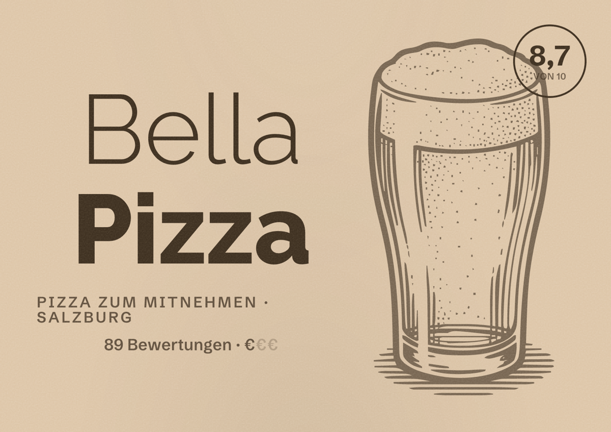 Illustriertes Poster von Bella Pizza, Pizza zum Mitnehmen in Salzburg: Bewertung 8,7 von 10 aus 89 Bewertungen, Preisniveau €