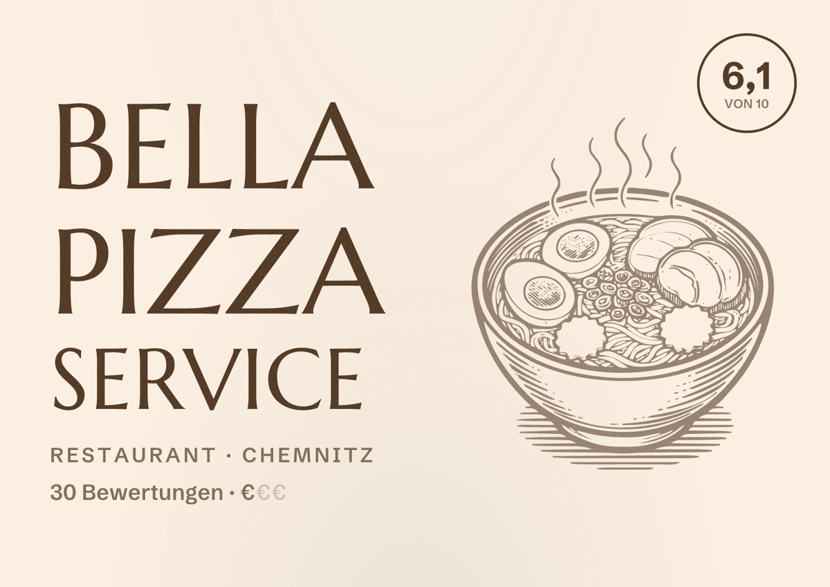 Illustriertes Poster von Bella Pizza Service, Restaurant in Chemnitz: Bewertung 6,1 von 10 aus 30 Bewertungen, Preisniveau €