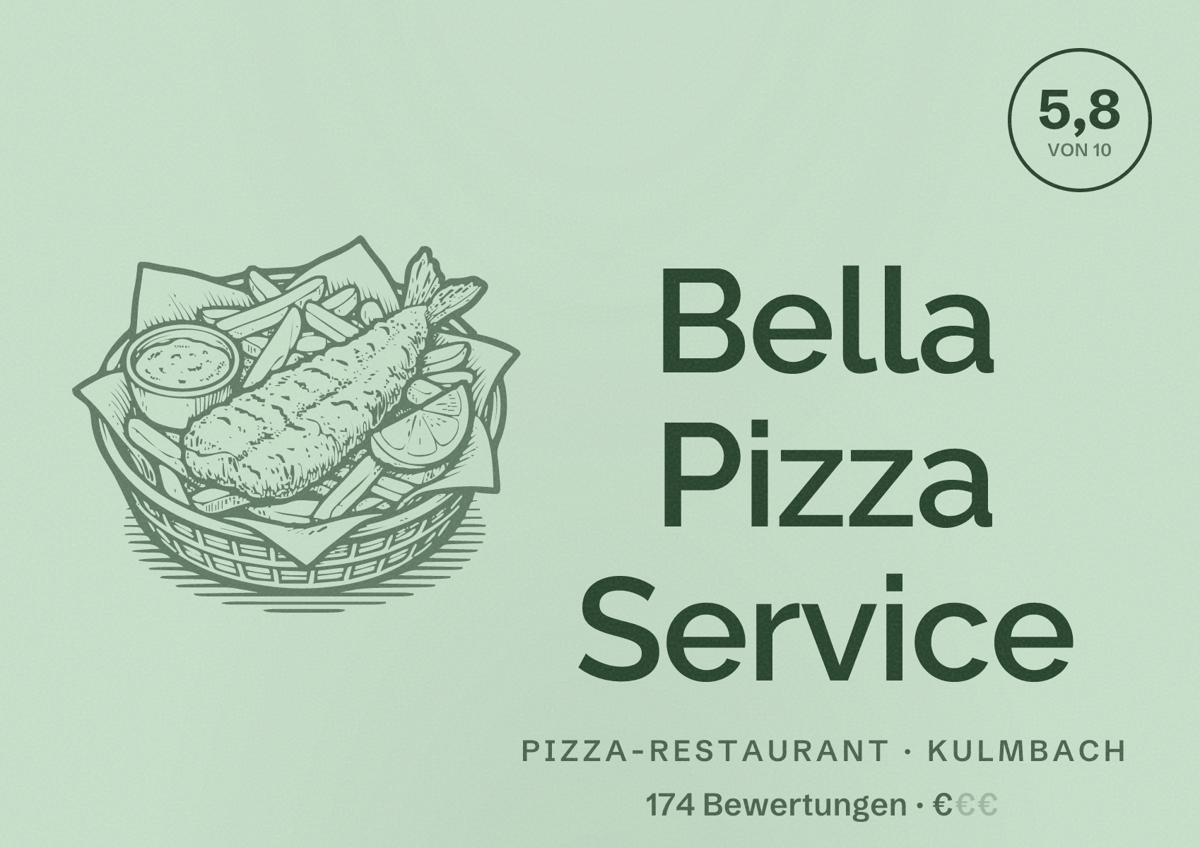 Illustriertes Poster von Bella Pizza Service, Pizza-Restaurant in Kulmbach: Bewertung 5,8 von 10 aus 174 Bewertungen, Preisniveau €