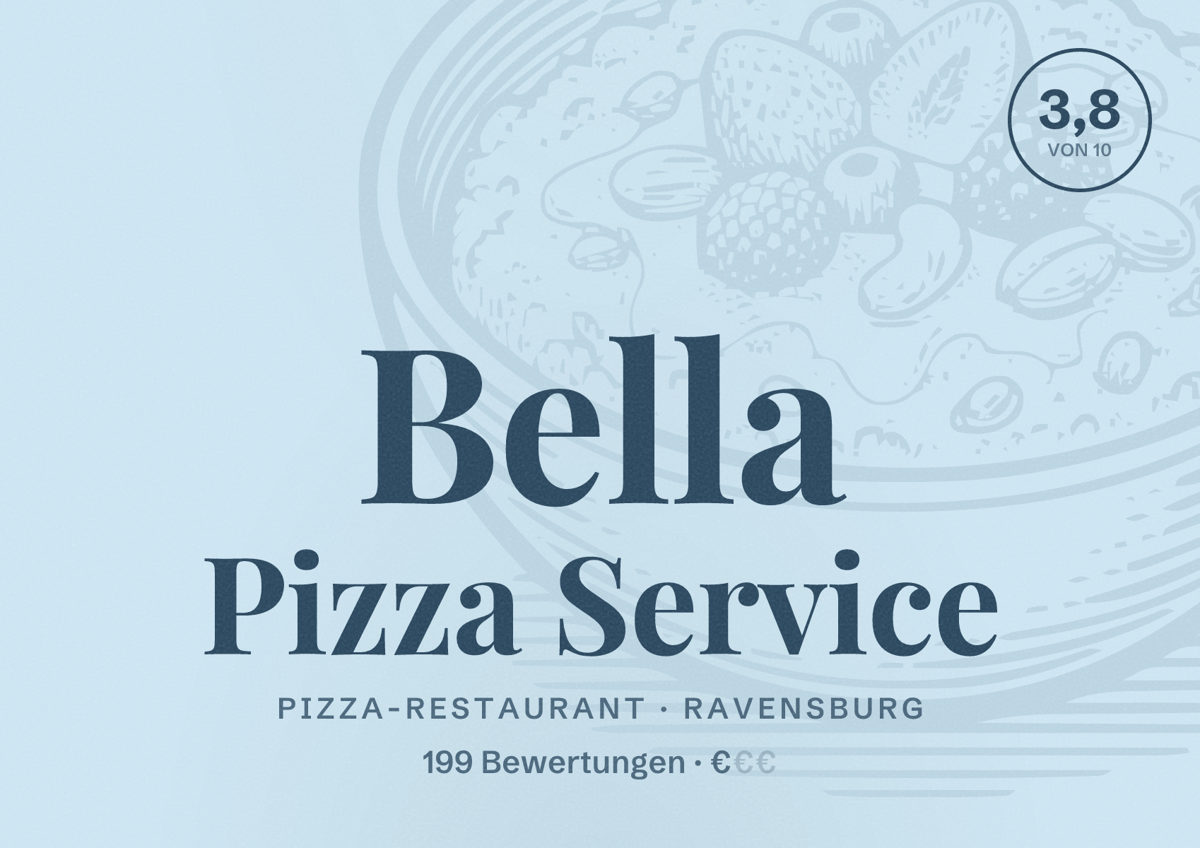 Illustriertes Poster von Bella Pizza Service, Pizza-Restaurant in Ravensburg: Bewertung 3,8 von 10 aus 199 Bewertungen, Preisniveau €