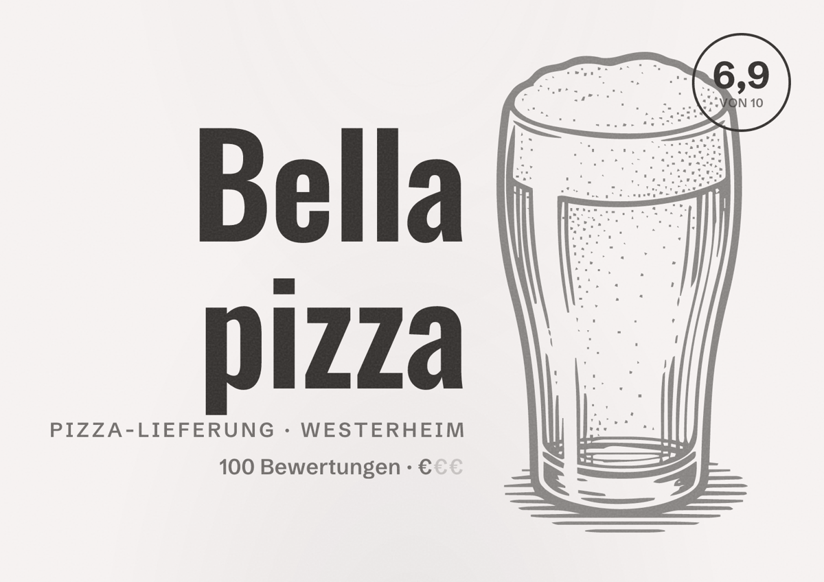 Illustriertes Poster von Bella pizza, Pizza-Lieferung in Westerheim: Bewertung 6,9 von 10 aus 100 Bewertungen, Preisniveau €