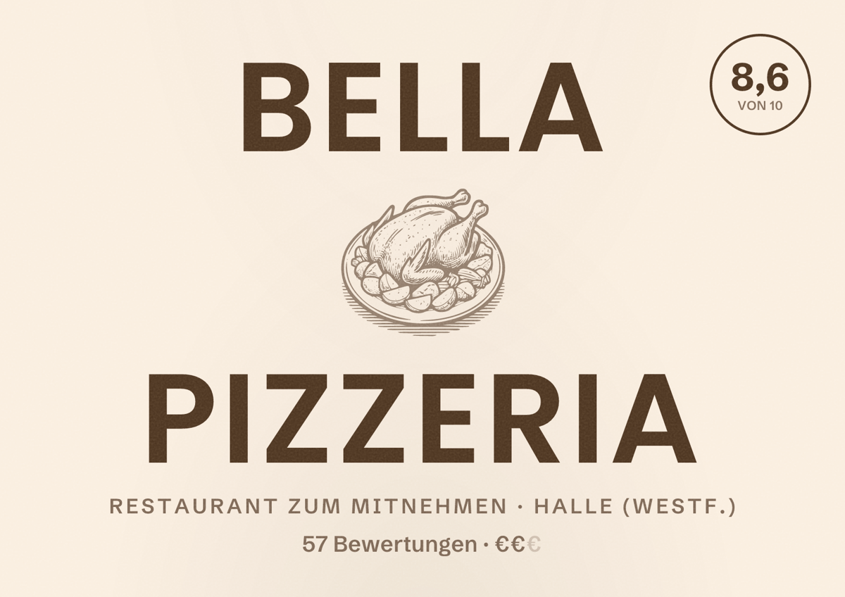 Illustriertes Poster von Bella Pizzeria, Restaurant zum Mitnehmen in Halle (Westf.): Bewertung 8,6 von 10 aus 57 Bewertungen, Preisniveau €€