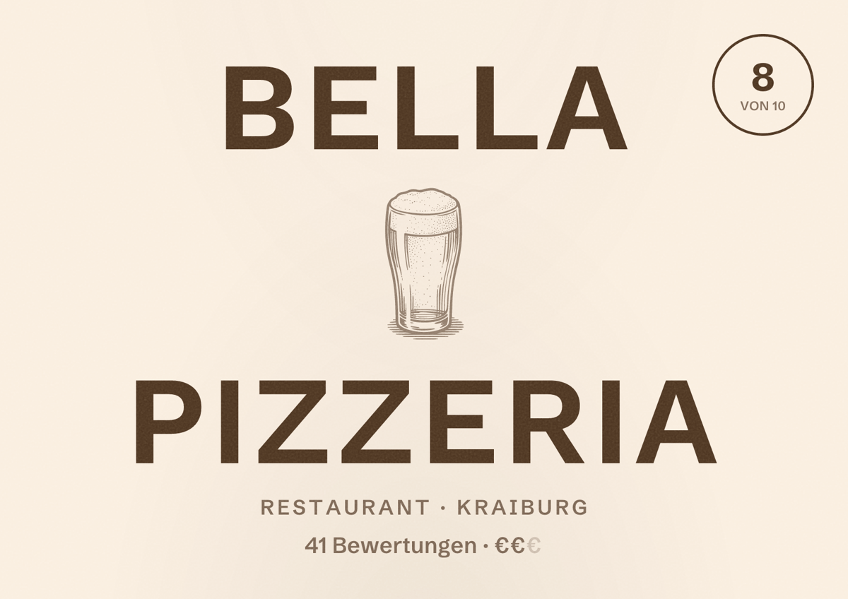 Illustriertes Poster von Bella Pizzeria, Restaurant in Kraiburg: Bewertung 8 von 10 aus 41 Bewertungen, Preisniveau €€