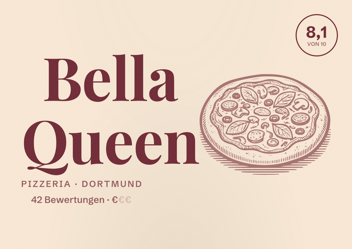Illustriertes Poster von Bella Queen, Pizzeria in Dortmund: Bewertung 8,1 von 10 aus 42 Bewertungen, Preisniveau €