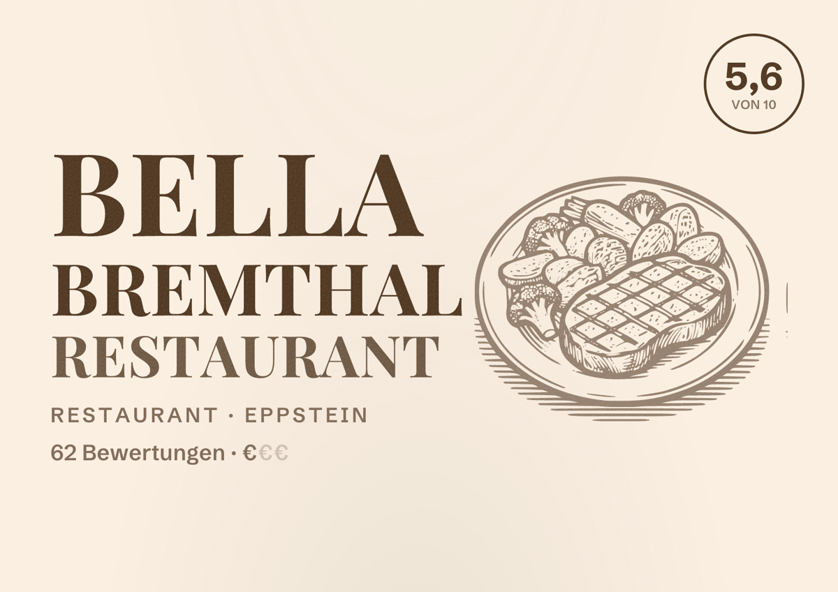 Illustriertes Poster von Bella Bremthal Restaurant, Restaurant in Eppstein: Bewertung 5,6 von 10 aus 62 Bewertungen, Preisniveau €