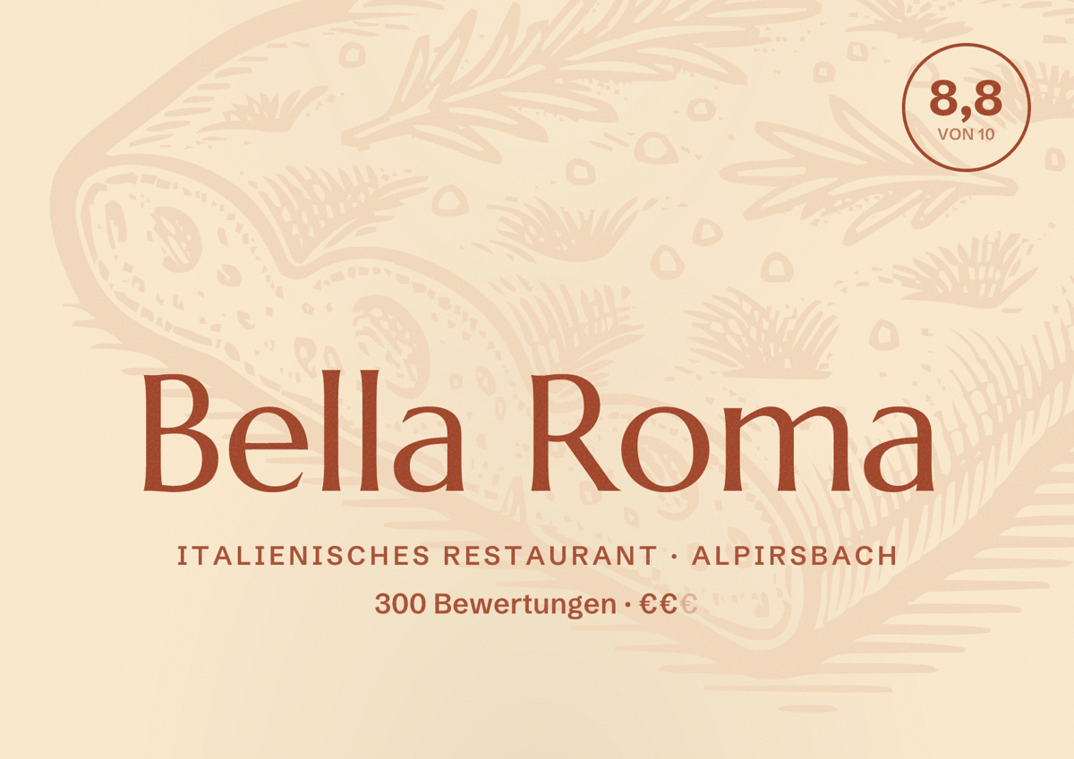 Illustriertes Poster von Bella Roma, Italienisches Restaurant in Alpirsbach: Bewertung 8,8 von 10 aus 300 Bewertungen, Preisniveau €€