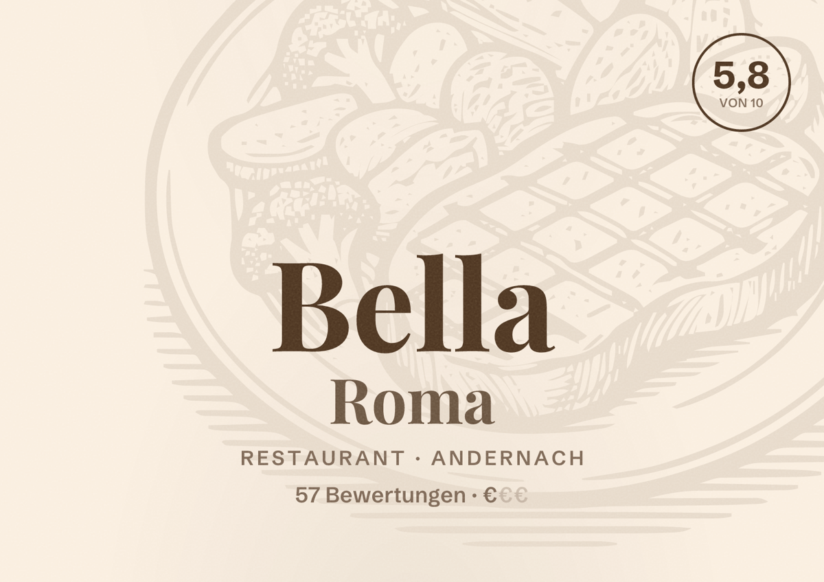 Illustriertes Poster von Bella Roma, Restaurant in Andernach: Bewertung 5,8 von 10 aus 57 Bewertungen, Preisniveau €