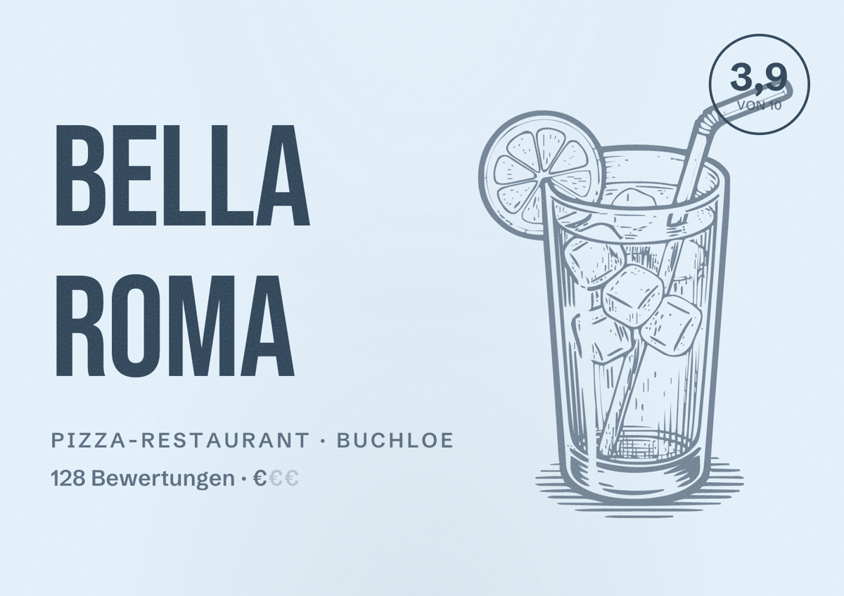 Illustriertes Poster von Bella Roma, Pizza-Restaurant in Buchloe: Bewertung 3,9 von 10 aus 128 Bewertungen, Preisniveau €
