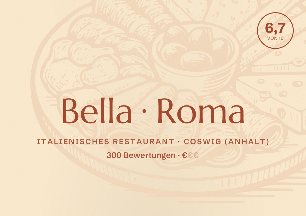 Illustriertes Poster von Bella Roma, Italienisches Restaurant in Coswig (Anhalt): Bewertung 6,7 von 10 aus 300 Bewertungen, Preisniveau €
