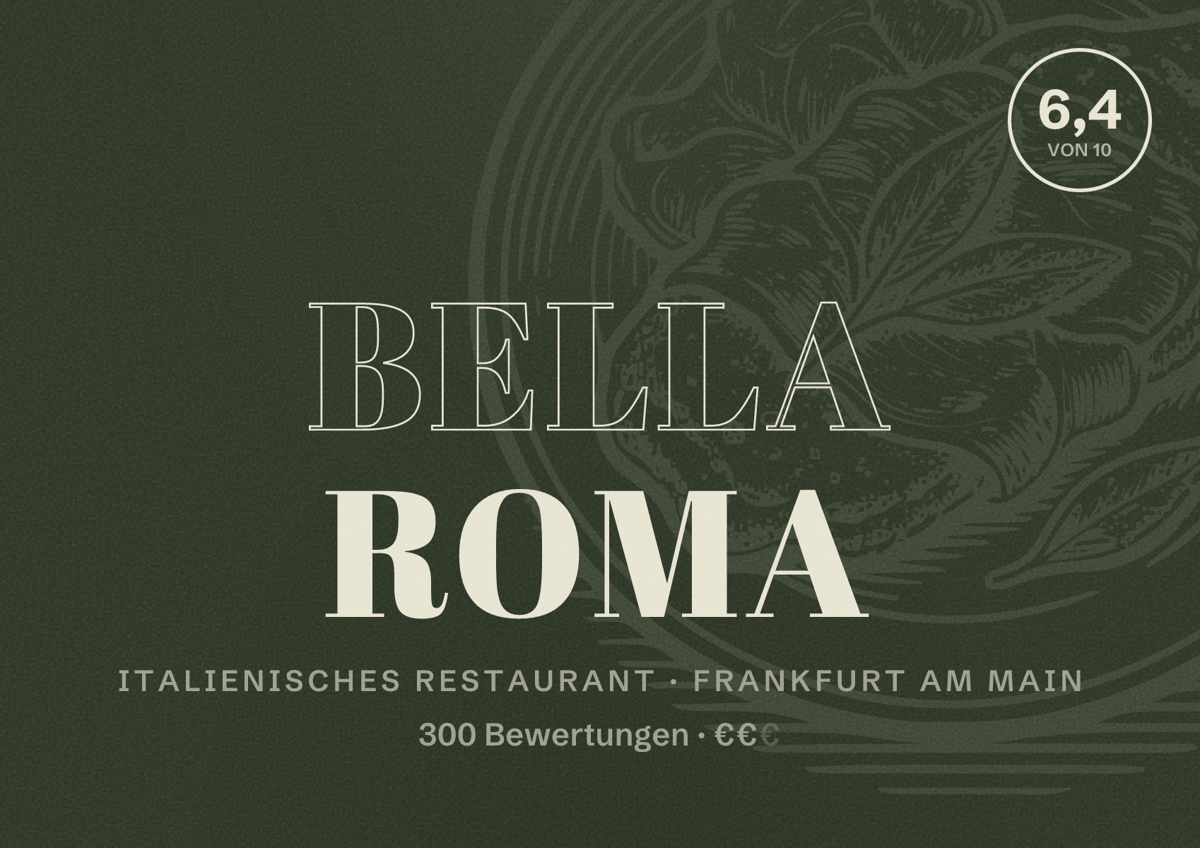 Illustriertes Poster von Bella Roma, Italienisches Restaurant in Frankfurt am Main: Bewertung 6,4 von 10 aus 300 Bewertungen, Preisniveau €€