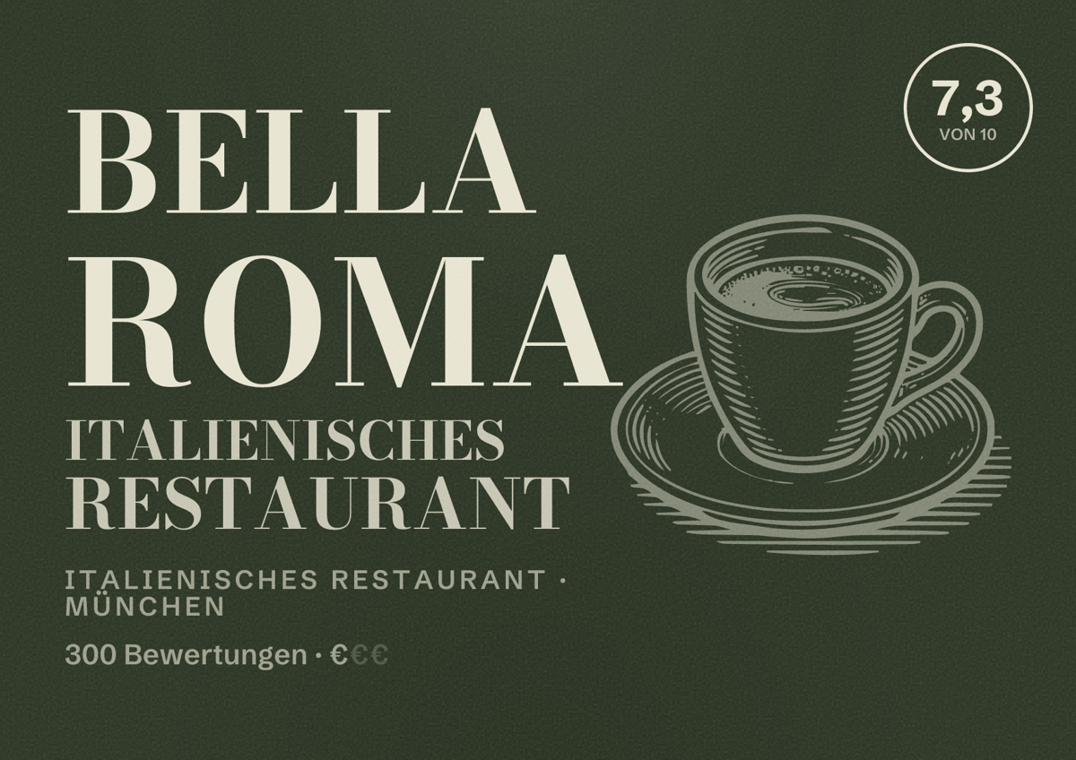 Illustriertes Poster von Bella Roma Italienisches Restaurant, Italienisches Restaurant in München: Bewertung 7,3 von 10 aus 300 Bewertungen, Preisniveau €