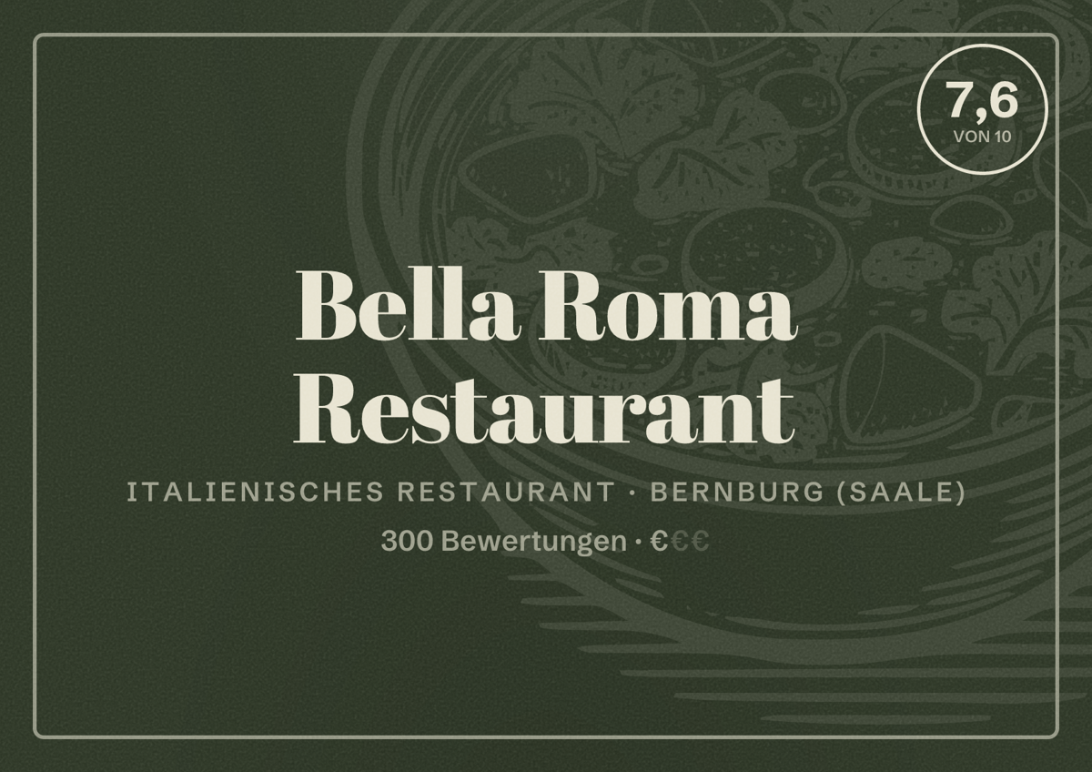 Illustriertes Poster von Bella Roma Restaurant, Italienisches Restaurant in Bernburg (Saale): Bewertung 7,6 von 10 aus 300 Bewertungen, Preisniveau €
