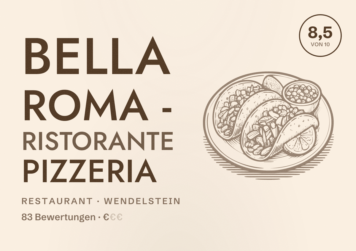 Illustriertes Poster von Bella Roma - Ristorante Pizzeria, Restaurant in Wendelstein: Bewertung 8,5 von 10 aus 83 Bewertungen, Preisniveau €