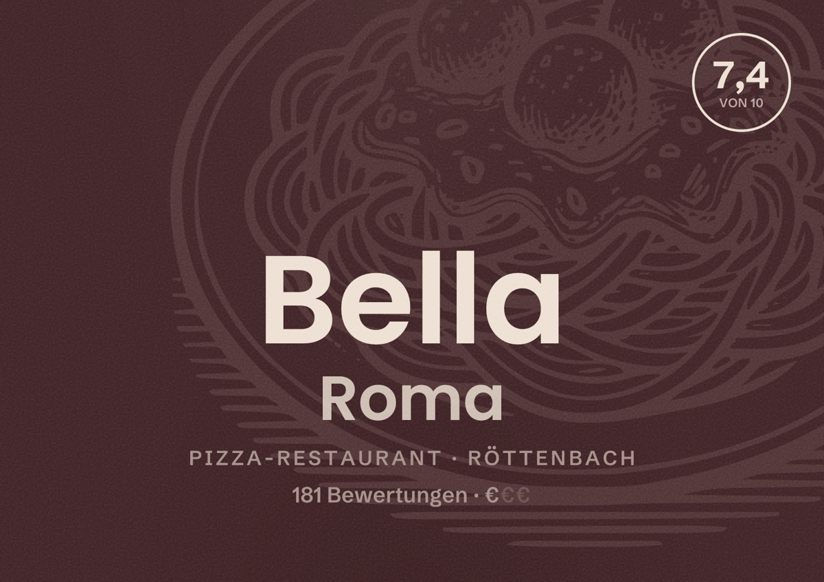Illustriertes Poster von Bella Roma, Pizza-Restaurant in Röttenbach: Bewertung 7,4 von 10 aus 181 Bewertungen, Preisniveau €