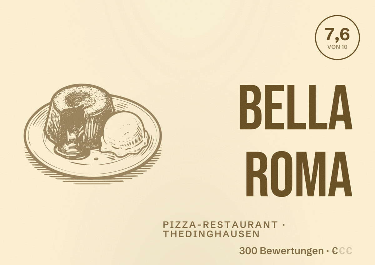 Illustriertes Poster von Bella Roma, Pizza-Restaurant in Thedinghausen: Bewertung 7,6 von 10 aus 300 Bewertungen, Preisniveau €