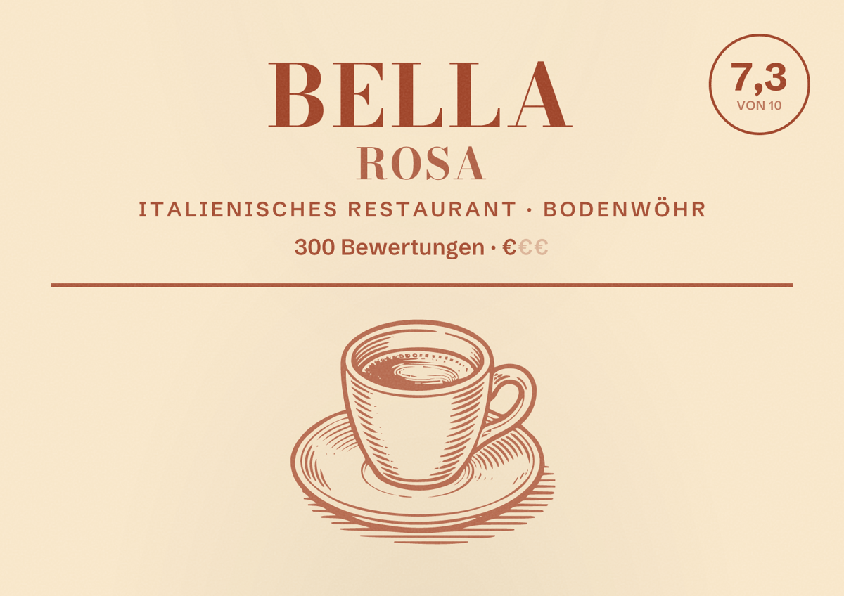 Illustriertes Poster von Bella Rosa, Italienisches Restaurant in Bodenwöhr: Bewertung 7,3 von 10 aus 300 Bewertungen, Preisniveau €