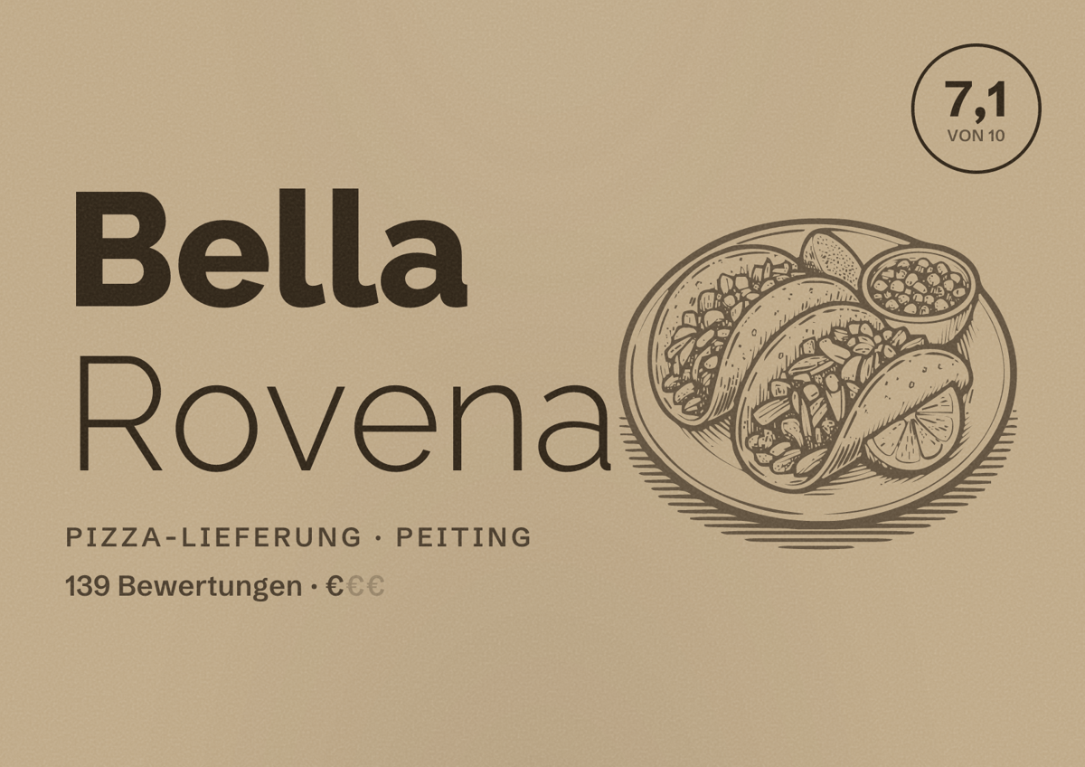 Illustriertes Poster von Bella Rovena, Pizza-Lieferung in Peiting: Bewertung 7,1 von 10 aus 139 Bewertungen, Preisniveau €