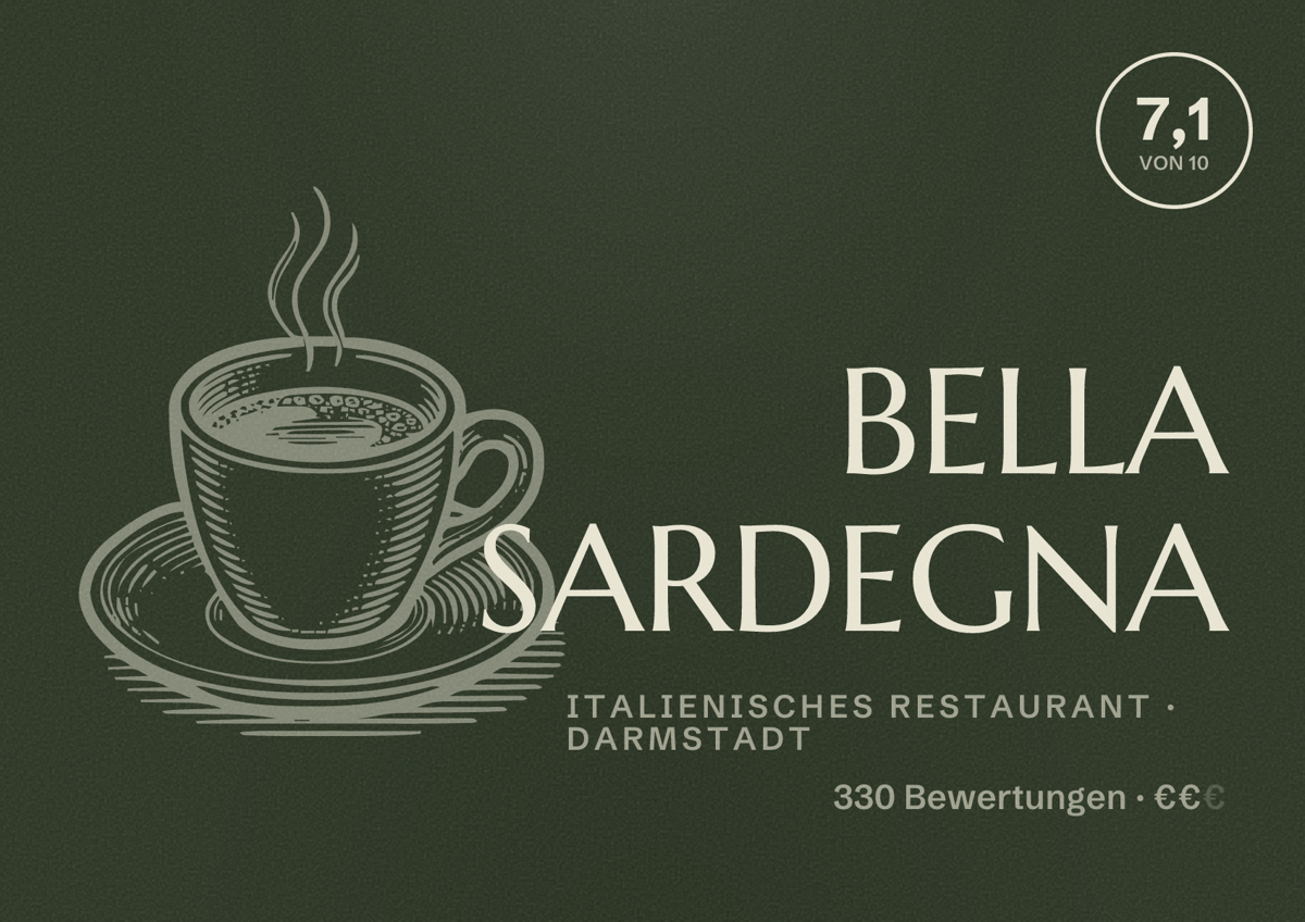 Illustriertes Poster von BELLA SARDEGNA, Italienisches Restaurant in Darmstadt: Bewertung 7,1 von 10 aus 330 Bewertungen, Preisniveau €€
