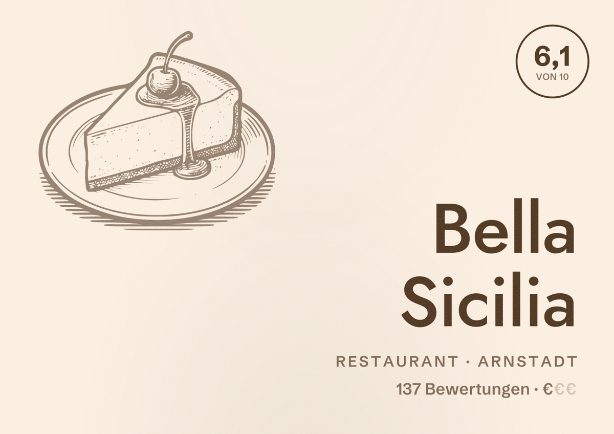 Illustriertes Poster von Bella Sicilia, Restaurant in Arnstadt: Bewertung 6,1 von 10 aus 137 Bewertungen, Preisniveau €