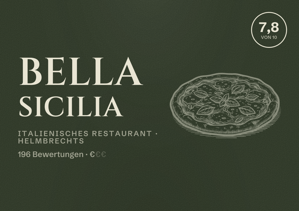 Illustriertes Poster von Bella Sicilia, Italienisches Restaurant in Helmbrechts: Bewertung 7,8 von 10 aus 196 Bewertungen, Preisniveau €