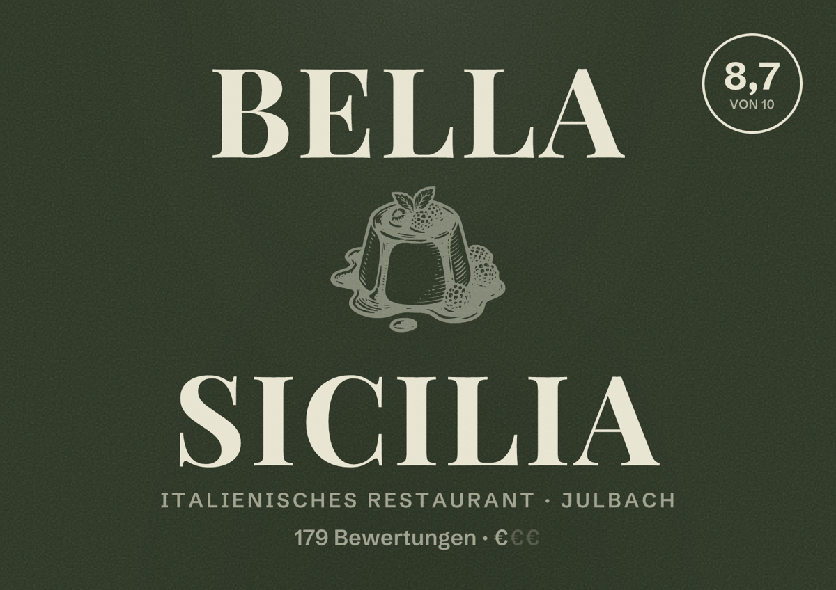 Illustriertes Poster von Bella Sicilia, Italienisches Restaurant in Julbach: Bewertung 8,7 von 10 aus 179 Bewertungen, Preisniveau €
