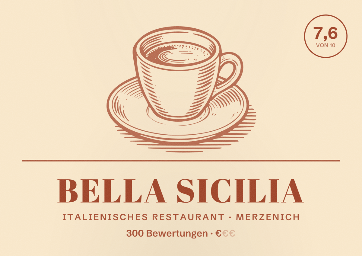 Illustriertes Poster von Bella Sicilia, Italienisches Restaurant in Merzenich: Bewertung 7,6 von 10 aus 300 Bewertungen, Preisniveau €