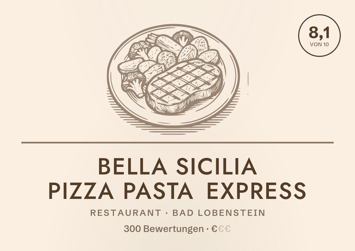 Illustriertes Poster von Bella Sicilia Pizza Pasta Express, Restaurant in Bad Lobenstein: Bewertung 8,1 von 10 aus 300 Bewertungen, Preisniveau €