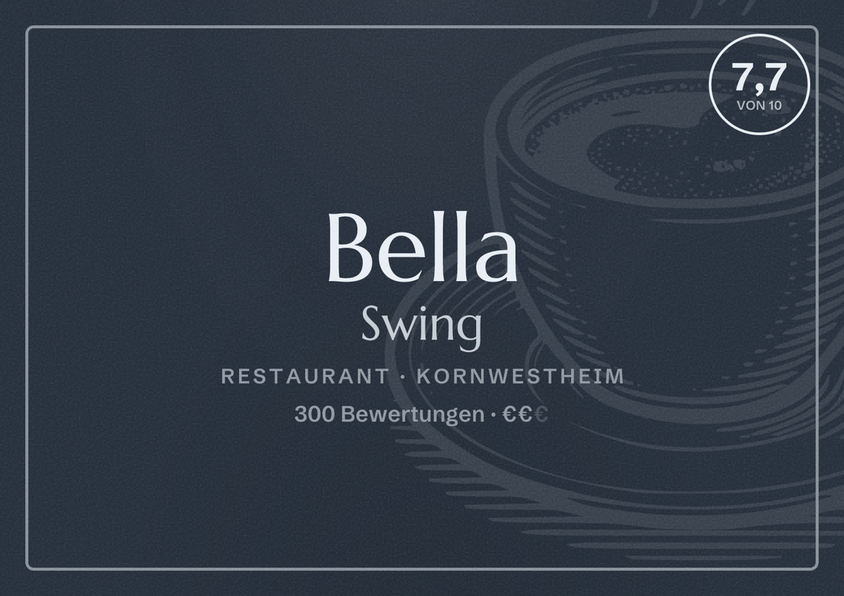Illustriertes Poster von Bella Swing, Restaurant in Kornwestheim: Bewertung 7,7 von 10 aus 300 Bewertungen, Preisniveau €€