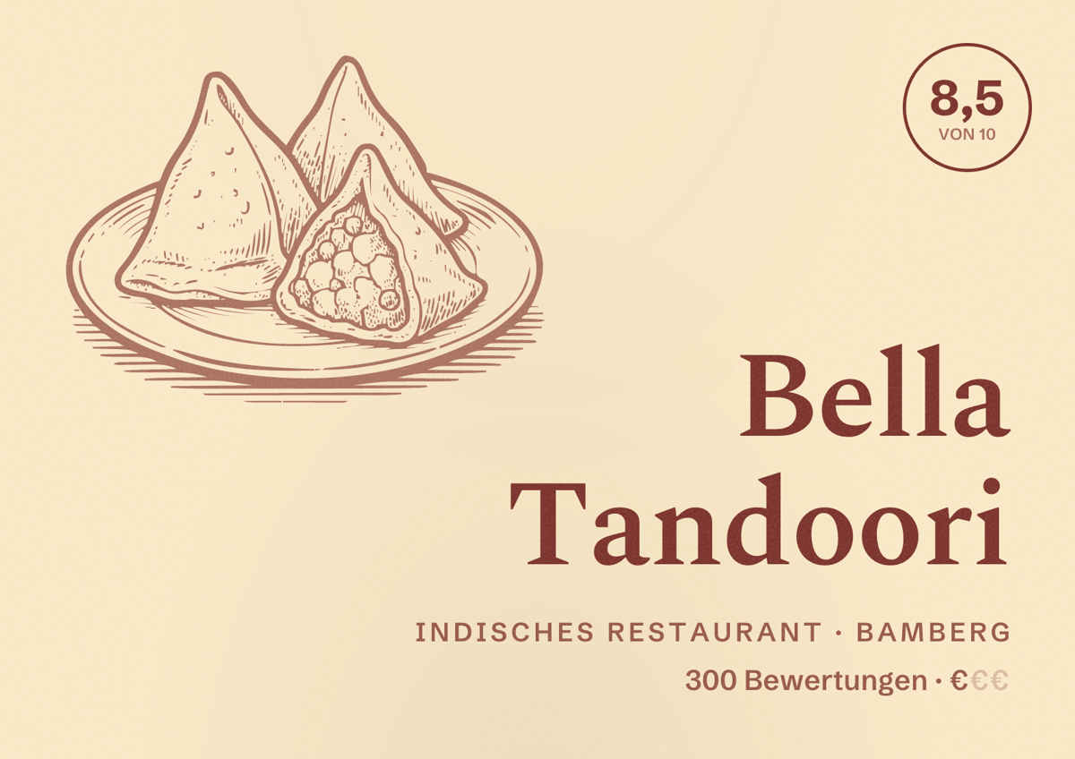 Illustriertes Poster von Bella Tandoori, Indisches Restaurant in Bamberg: Bewertung 8,5 von 10 aus 300 Bewertungen, Preisniveau €