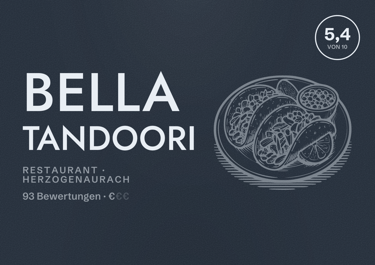 Illustriertes Poster von Bella Tandoori, Restaurant in Herzogenaurach: Bewertung 5,4 von 10 aus 93 Bewertungen, Preisniveau €