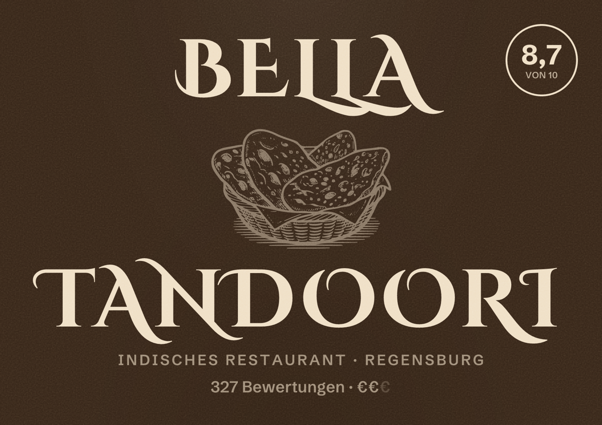 Illustriertes Poster von Bella Tandoori, Indisches Restaurant in Regensburg: Bewertung 8,7 von 10 aus 327 Bewertungen, Preisniveau €€