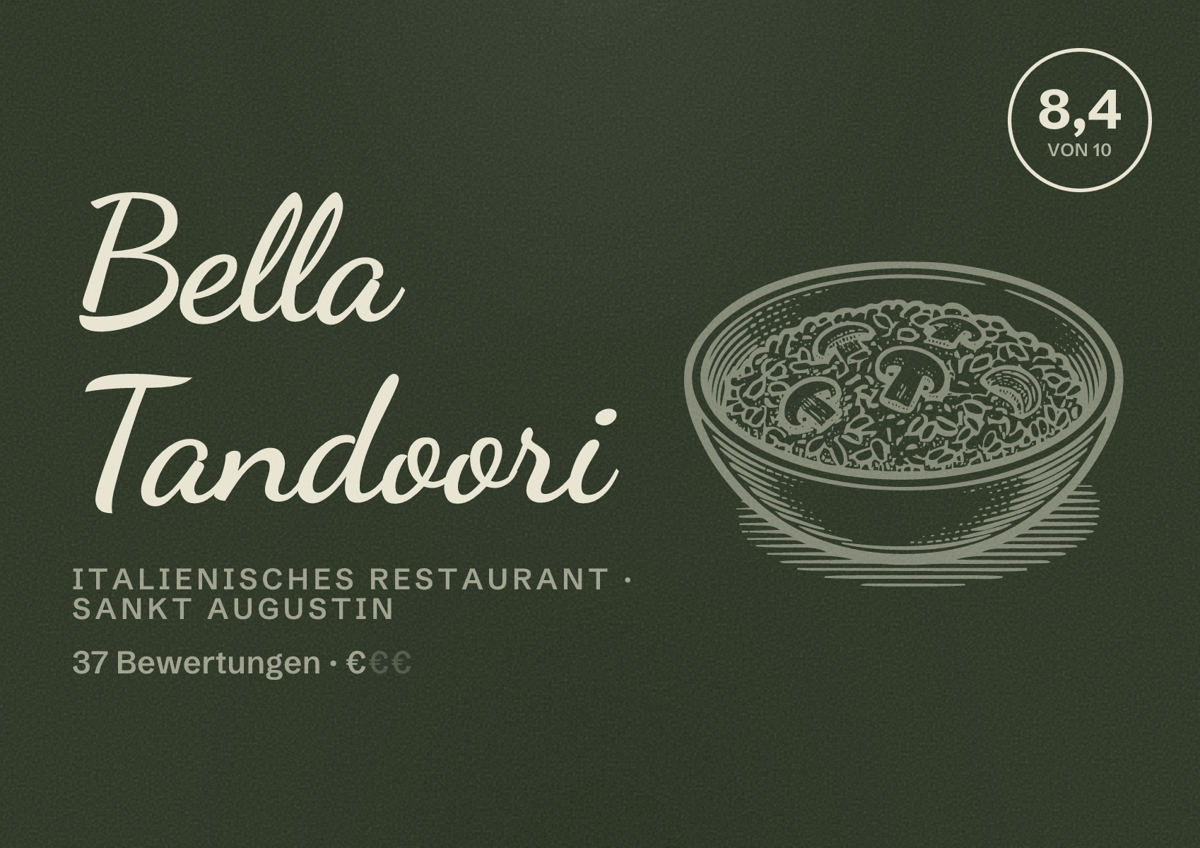 Illustriertes Poster von Bella Tandoori, Italienisches Restaurant in Sankt Augustin: Bewertung 8,4 von 10 aus 37 Bewertungen, Preisniveau €