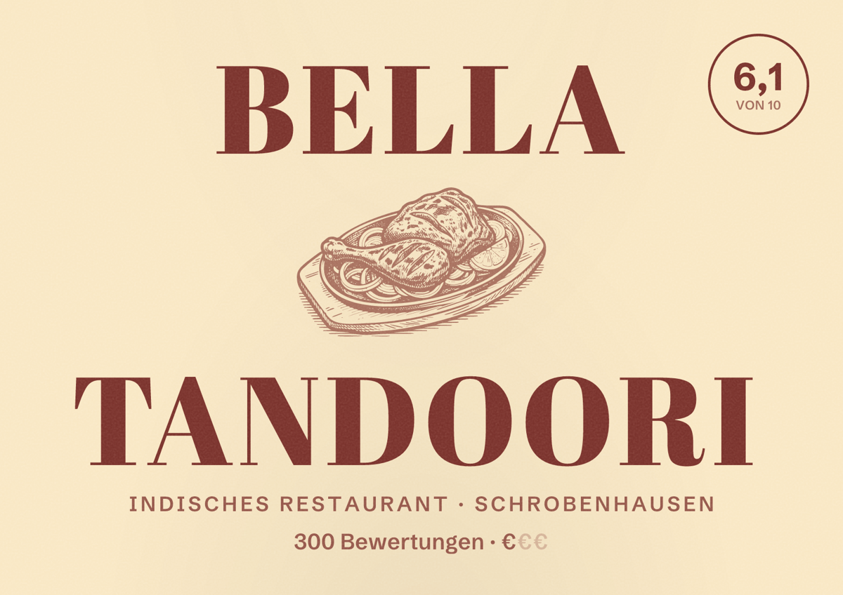 Illustriertes Poster von Bella Tandoori, Indisches Restaurant in Schrobenhausen: Bewertung 6,1 von 10 aus 300 Bewertungen, Preisniveau €