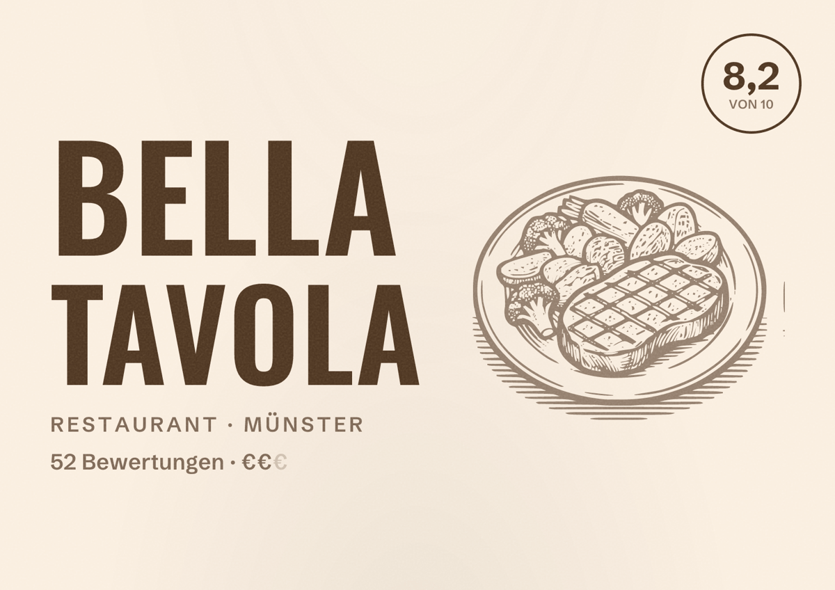 Illustriertes Poster von BELLA TAVOLA, Restaurant in Münster: Gästebewertung 8,0 von 10 aus 52 Bewertungen