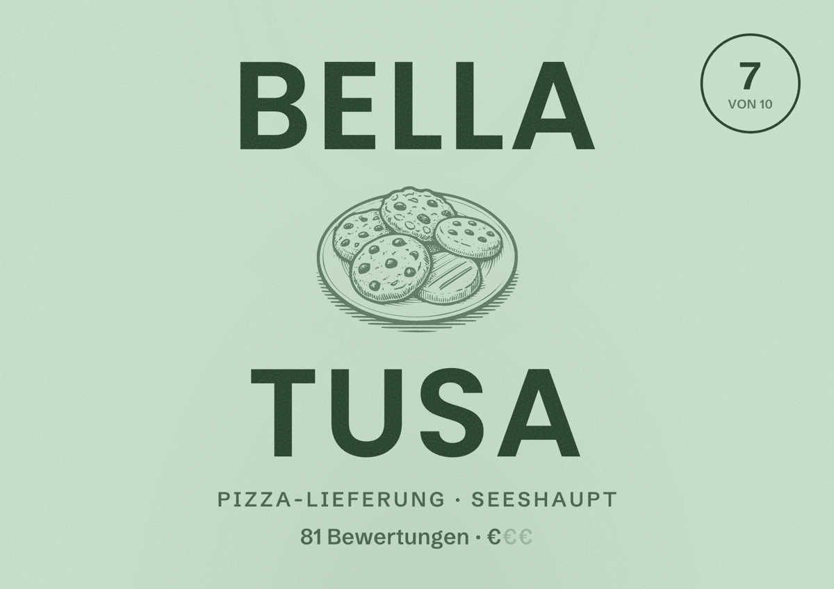 Illustriertes Poster von Bella Tusa, Pizza-Lieferung in Seeshaupt: Bewertung 7 von 10 aus 81 Bewertungen, Preisniveau €