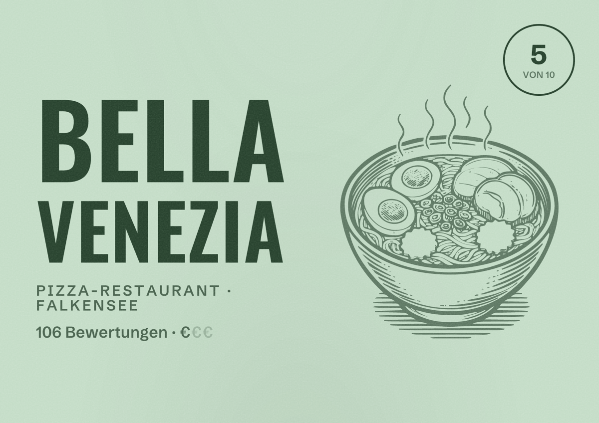 Illustriertes Poster von Bella Venezia, Pizza-Restaurant in Falkensee: Bewertung 5 von 10 aus 106 Bewertungen, Preisniveau €