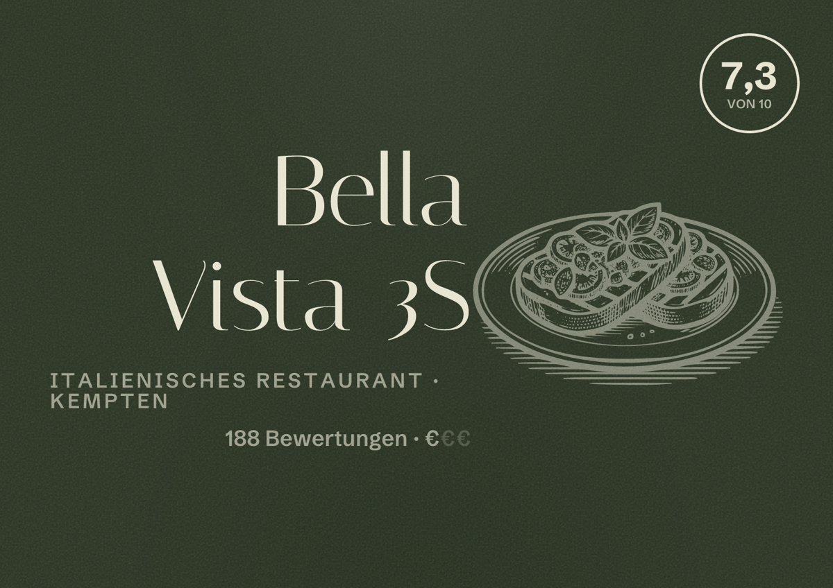 Illustriertes Poster von Bella Vista 3S, Italienisches Restaurant in Kempten: Bewertung 7,3 von 10 aus 188 Bewertungen, Preisniveau €