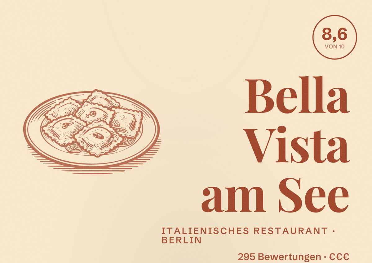 Illustriertes Poster von Bella Vista am See, Italienisches Restaurant in Berlin: Bewertung 8,6 von 10 aus 295 Bewertungen, Preisniveau €€€