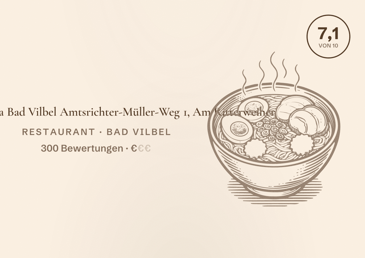 Illustriertes Poster von Bella Vista Bad Vilbel Amtsrichter-Müller-Weg 1, Am Ritterweiher, Restaurant in Bad Vilbel: Bewertung 7,1 von 10 aus 300 Bewertungen, Preisniveau €