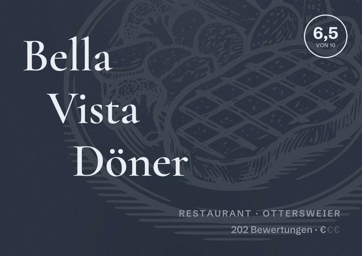 Illustriertes Poster von Bella Vista Döner, Restaurant in Ottersweier: Bewertung 6,5 von 10 aus 202 Bewertungen, Preisniveau €