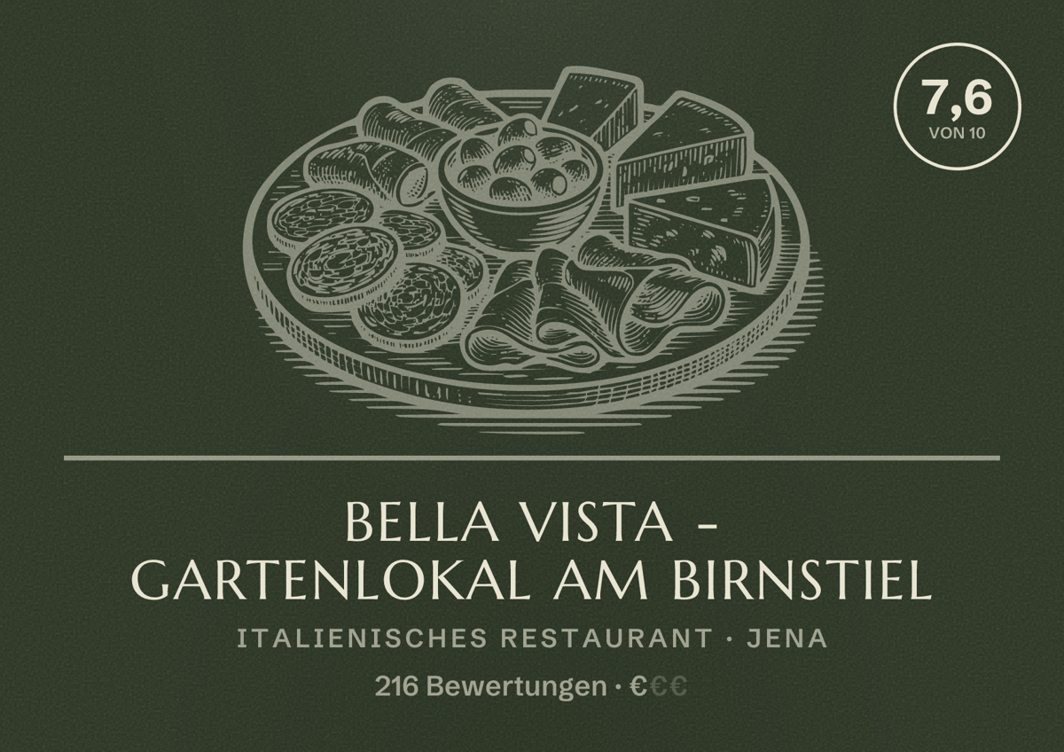 Illustriertes Poster von Bella Vista - Gartenlokal Am Birnstiel, Italienisches Restaurant in Jena: Bewertung 7,6 von 10 aus 216 Bewertungen, Preisniveau €