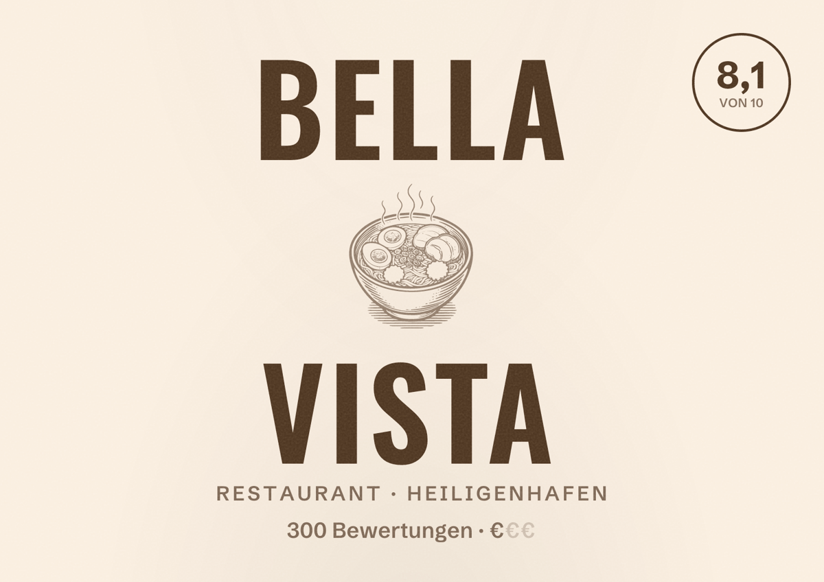Illustriertes Poster von Bella Vista, Restaurant in Heiligenhafen: Bewertung 8,1 von 10 aus 300 Bewertungen, Preisniveau €