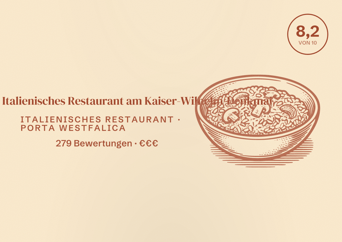 Illustriertes Poster von Bella Vista | Italienisches Restaurant am Kaiser-Wilhelm-Denkmal, Italienisches Restaurant in Porta Westfalica: Bewertung 8,2 von 10 aus 279 Bewertungen, Preisniveau €€€