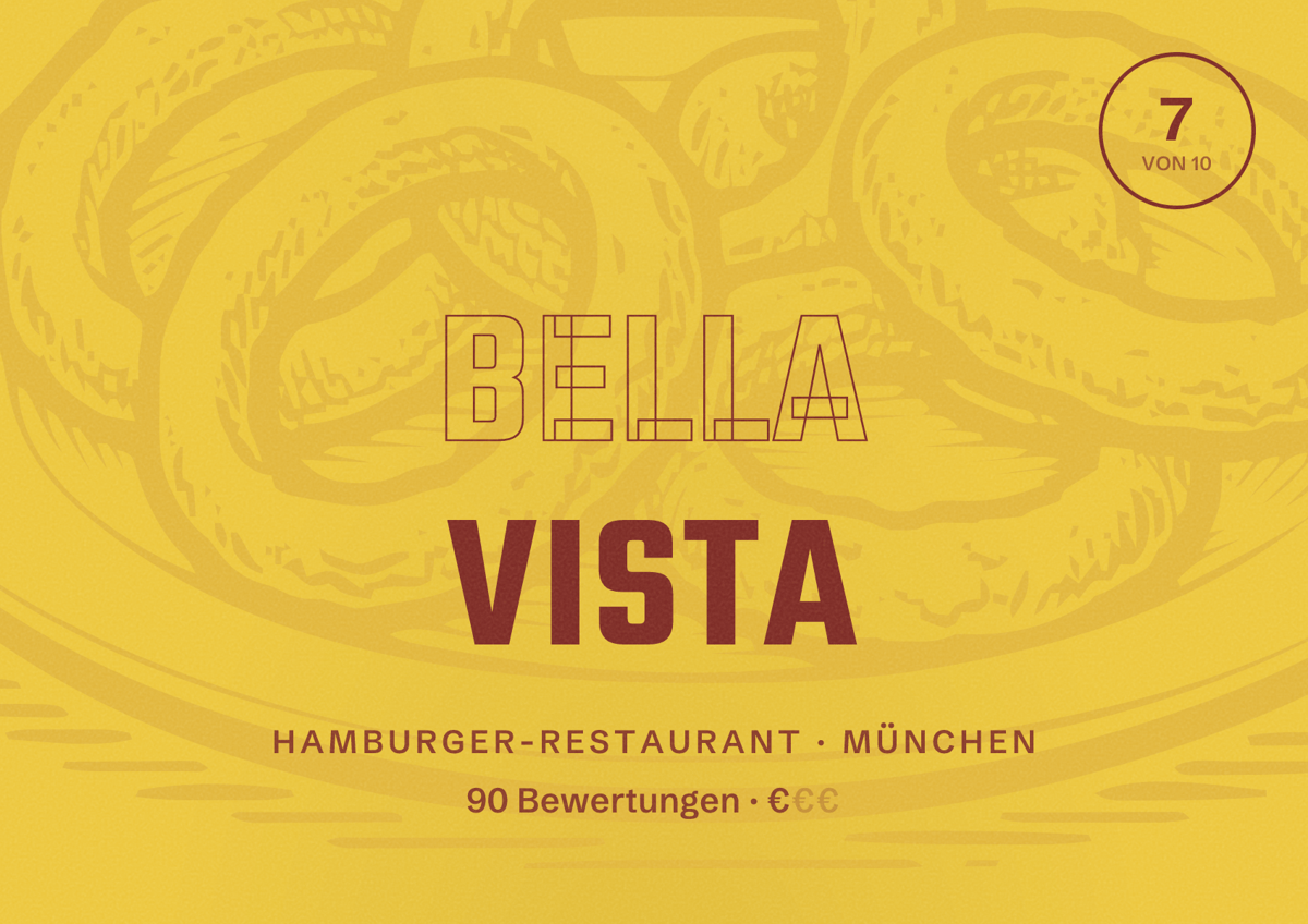 Illustriertes Poster von Bella Vista, Hamburger-Restaurant in München: Bewertung 7 von 10 aus 90 Bewertungen, Preisniveau €