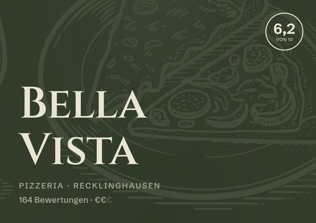 Illustriertes Poster von Bella Vista, Pizzeria in Recklinghausen: Bewertung 6,2 von 10 aus 164 Bewertungen, Preisniveau €€