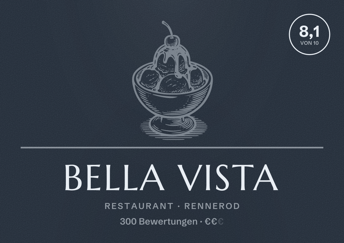 Illustriertes Poster von Bella Vista, Restaurant in Rennerod: Bewertung 8,1 von 10 aus 300 Bewertungen, Preisniveau €€