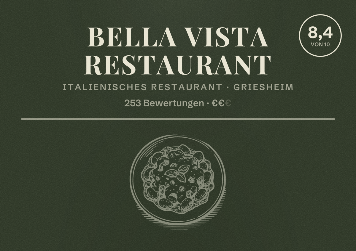 Illustriertes Poster von Bella Vista Restaurant, Italienisches Restaurant in Griesheim: Bewertung 8,4 von 10 aus 253 Bewertungen, Preisniveau €€