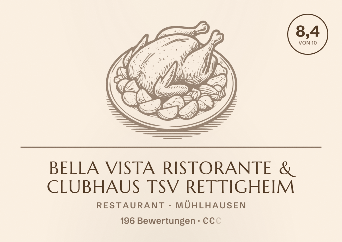 Illustriertes Poster von Bella Vista Ristorante & Clubhaus TSV Rettigheim, Restaurant in Mühlhausen: Bewertung 8,4 von 10 aus 196 Bewertungen, Preisniveau €€